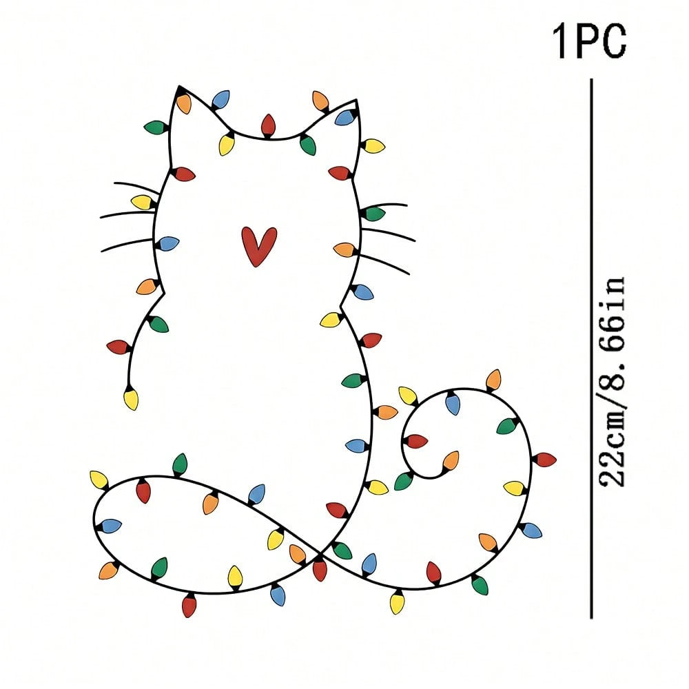 1/2/3PCS Durable Washable Heat Transfer Vinyl, Colorful Christmas Light Outline Cat Silhouette With Red Heart Chest Minimalist Line Style Christmas Pet Pattern, Heat Transfer Sticker, Iron-On Transfer
