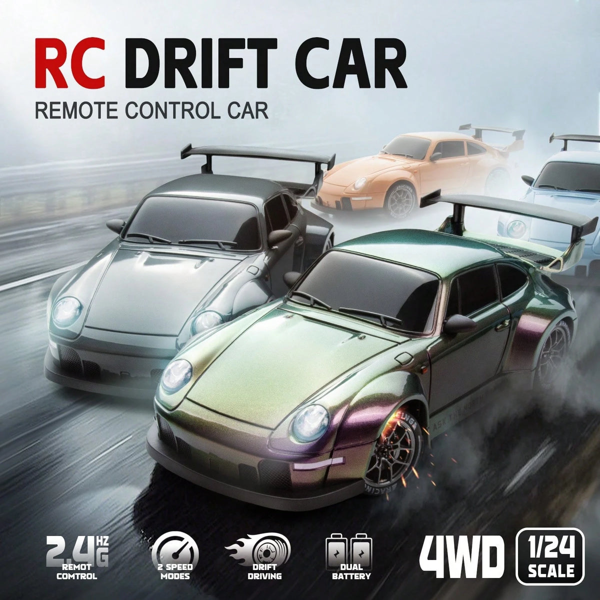 1:24 Remote Control Drift Car With LED Lights, High Speed Drift Racing Car Toy Gift For Boys And Girls, Grey