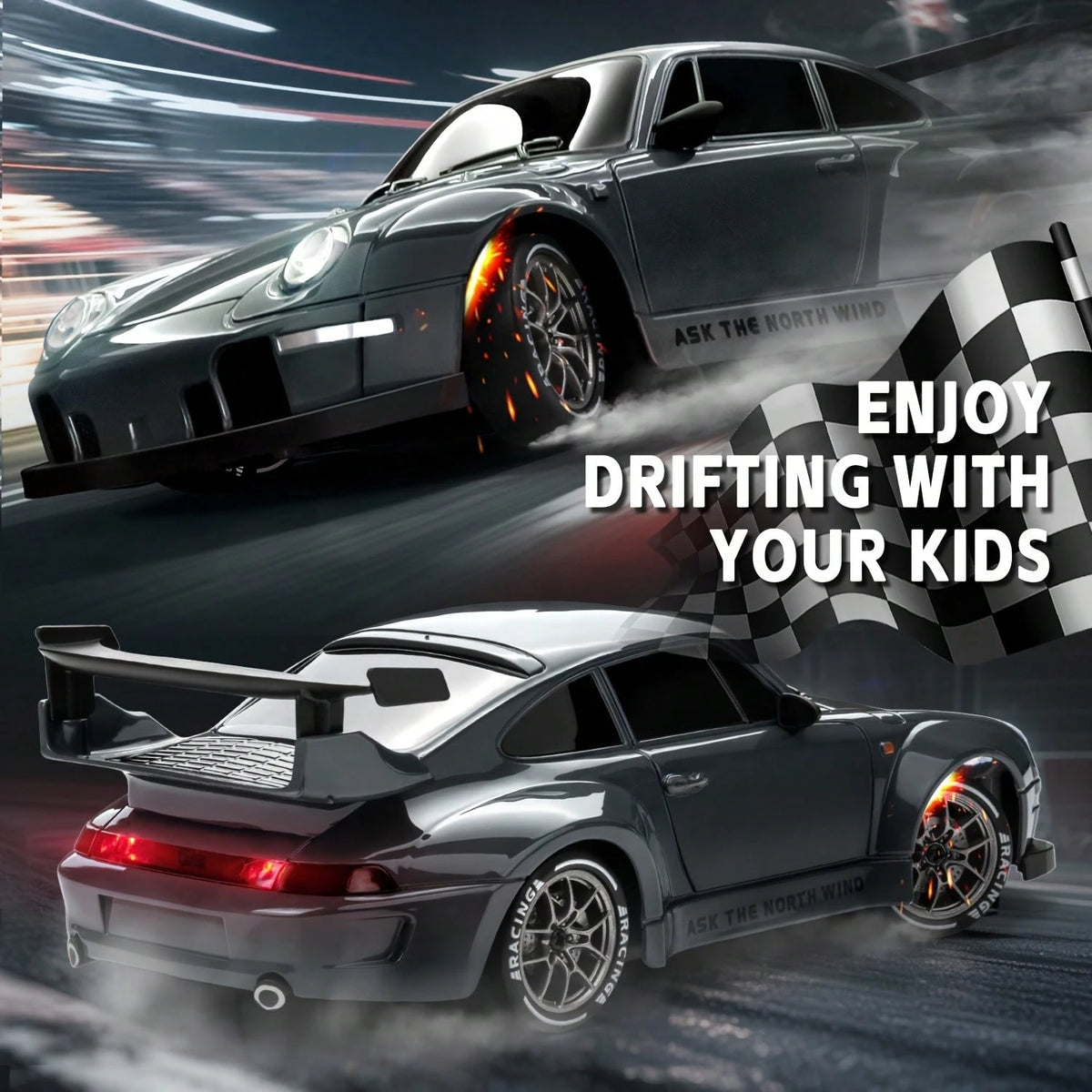 1:24 Remote Control Drift Car With LED Lights, High Speed Drift Racing Car Toy Gift For Boys And Girls, Grey