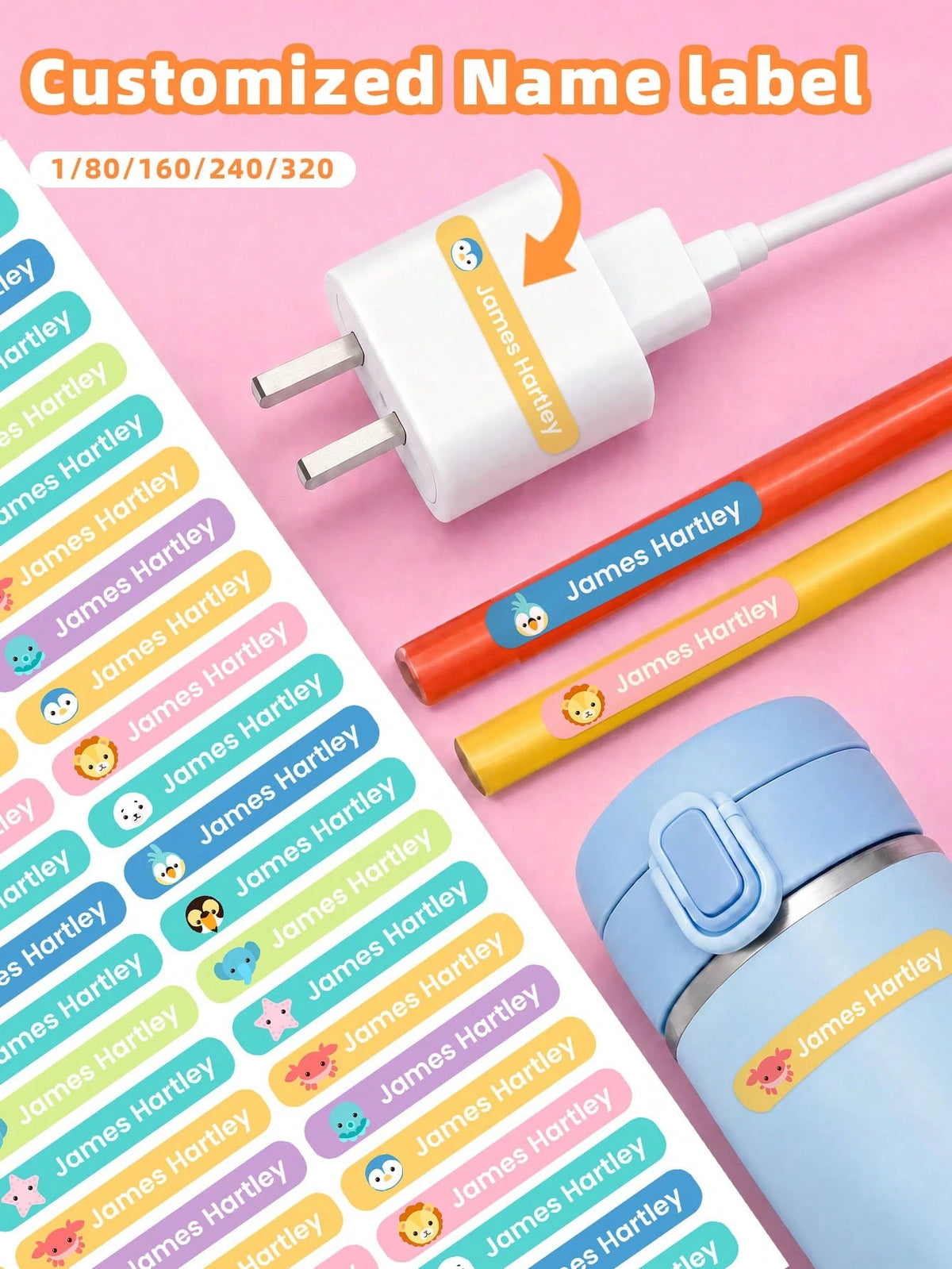 1/80/160/240/320pcs Customizable Name Labels, Personalized Waterproof Oil-Proof Vinyl Stickers For Pens, Water Bottles, Pencil Cases, School, Home, Office, Gift For Kids, Friends, Back To School, Birt