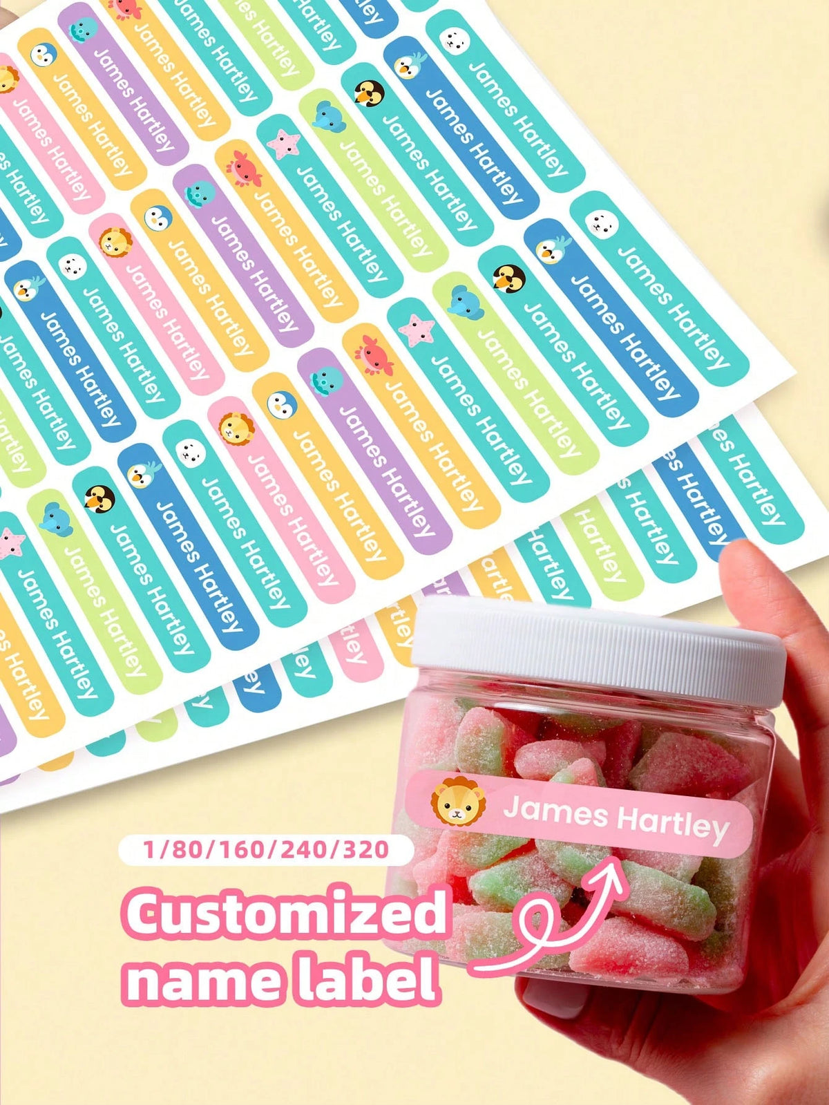 1/80/160/240/320pcs Customizable Name Labels, Personalized Waterproof Oil-Proof Vinyl Stickers For Pens, Water Bottles, Pencil Cases, School, Home, Office, Gift For Kids, Friends, Back To School, Birt