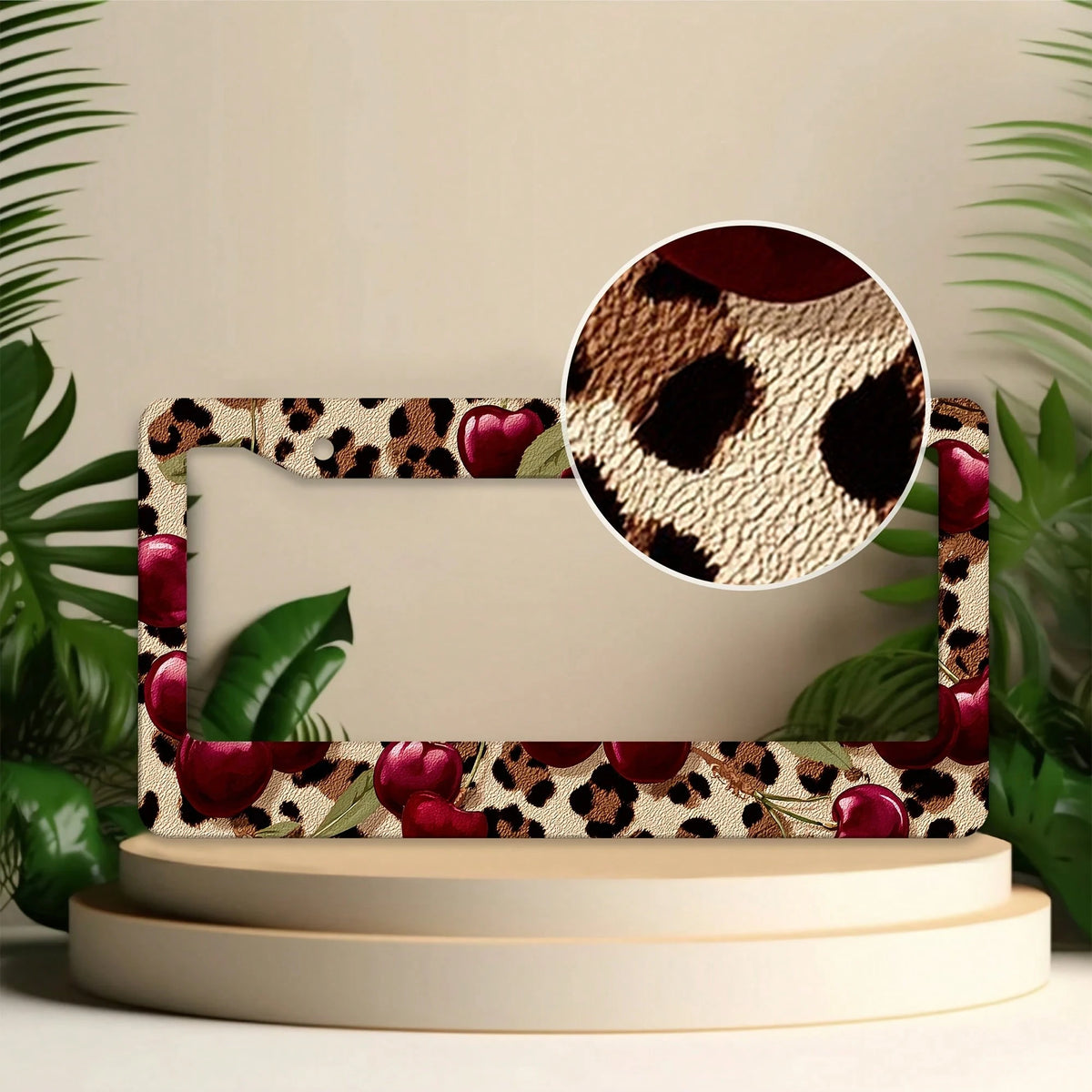 1 Leopard Background Cherry Pattern License Plate Frame, Car Decoration License Plate Cover, Aluminum Rustproof Anti-Shake Weatherproof American Standard License Plate Holder