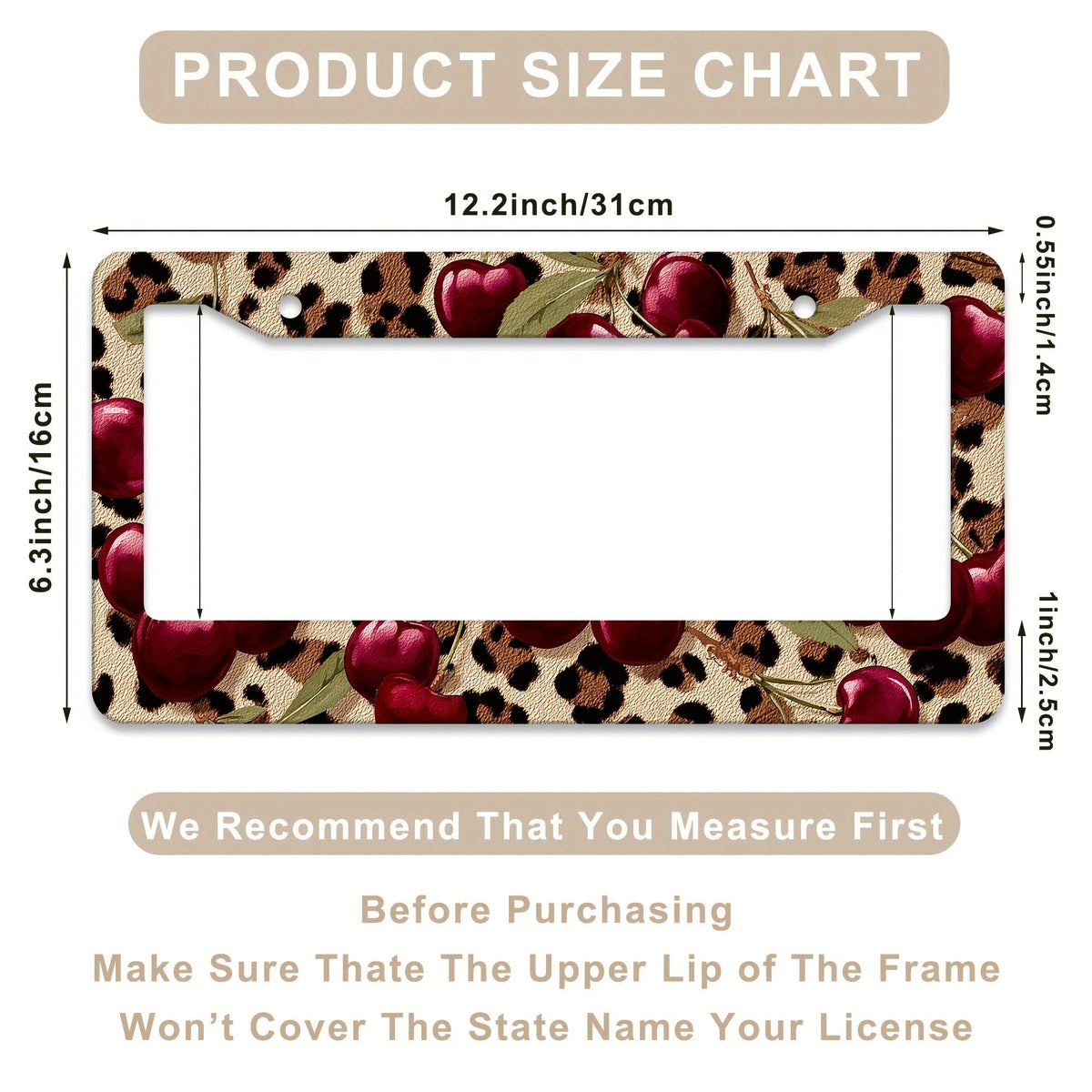 1 Leopard Background Cherry Pattern License Plate Frame, Car Decoration License Plate Cover, Aluminum Rustproof Anti-Shake Weatherproof American Standard License Plate Holder