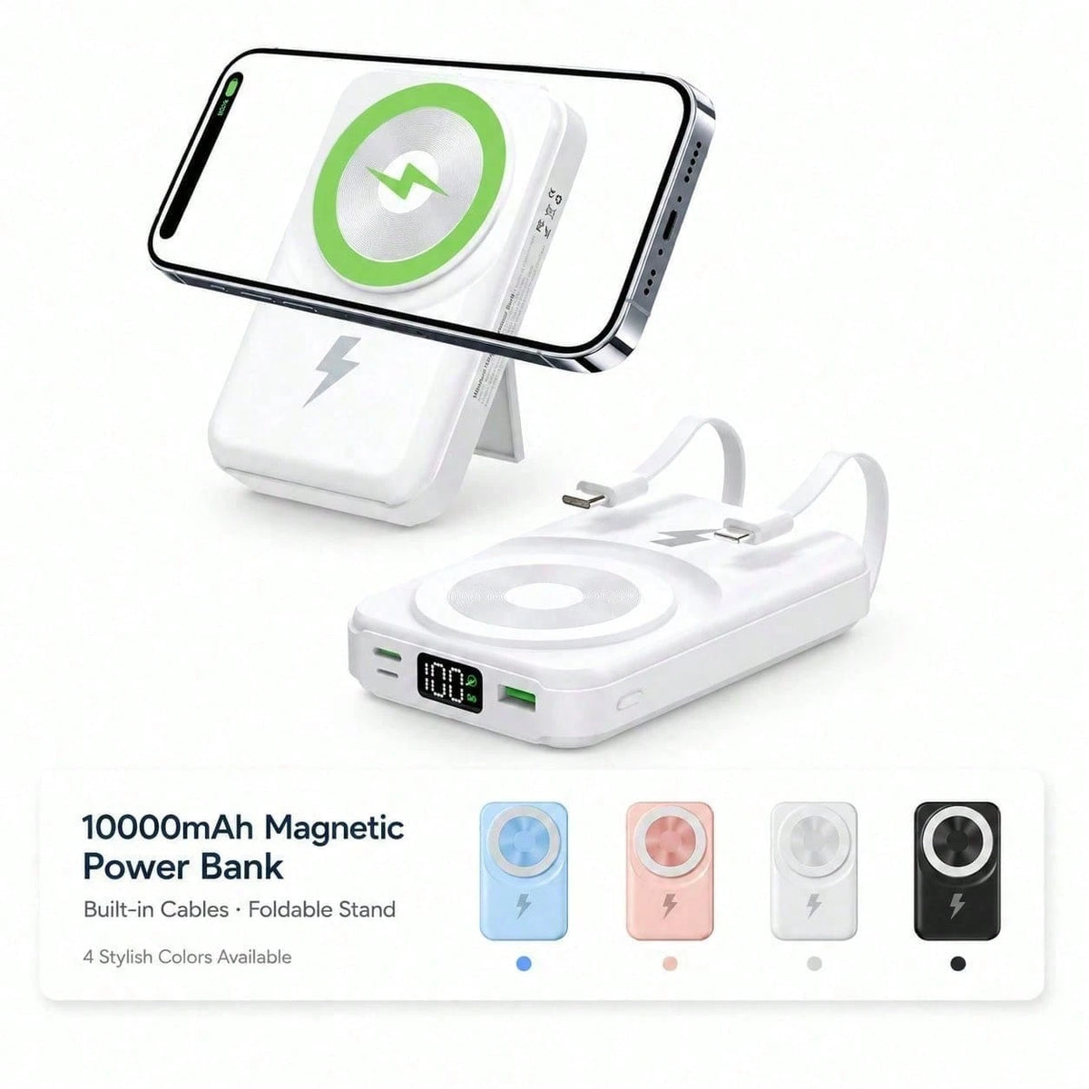10000mAh MagSafe Compatible Wireless Charging Bank, Foldable Phone Stand Built-In Dual Cables 22.5W Fast Charging 15W Magnetic Charging, Camping Essentials Dorm Essentials Back To School Gear For IPho