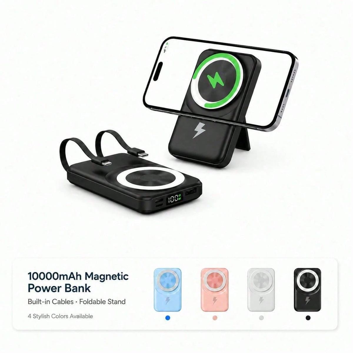 10000mAh MagSafe Compatible Wireless Charging Bank, Foldable Phone Stand Built-In Dual Cables 22.5W Fast Charging 15W Magnetic Charging, Camping Essentials Dorm Essentials Back To School Gear For IPho