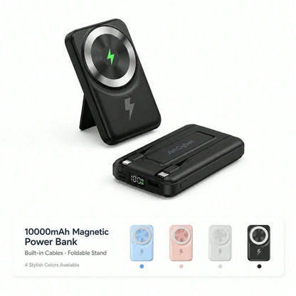 10000mAh MagSafe Compatible Wireless Charging Bank, Foldable Phone Stand Built-In Dual Cables 22.5W Fast Charging 15W Magnetic Charging, Camping Essentials Dorm Essentials Back To School Gear For IPho