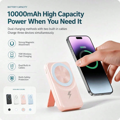 10000mAh MagSafe Compatible Wireless Charging Bank, Foldable Phone Stand Built-In Dual Cables 22.5W Fast Charging 15W Magnetic Charging, Camping Essentials Dorm Essentials Back To School Gear For IPho