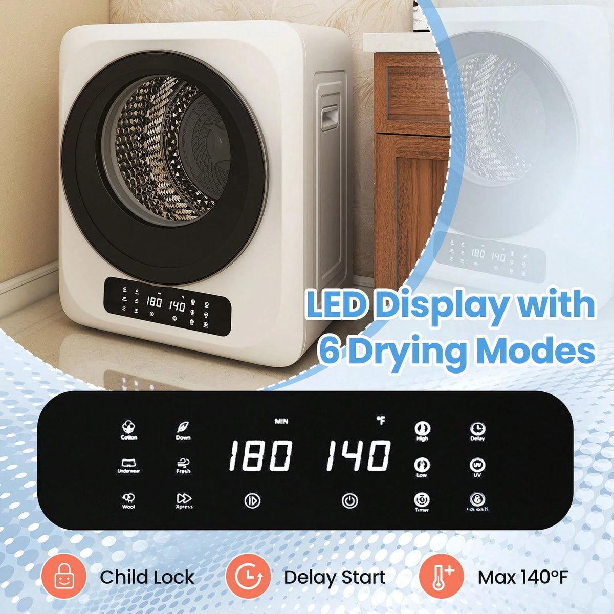 12Lbs Portable Clothes Dryer, 120V 850W Electric Compact Laundry Dryer With 6 Drying Modes, LED Touch Panel, Stainless Steel Tub For Apartments, Home, Dorms, RVs (White)