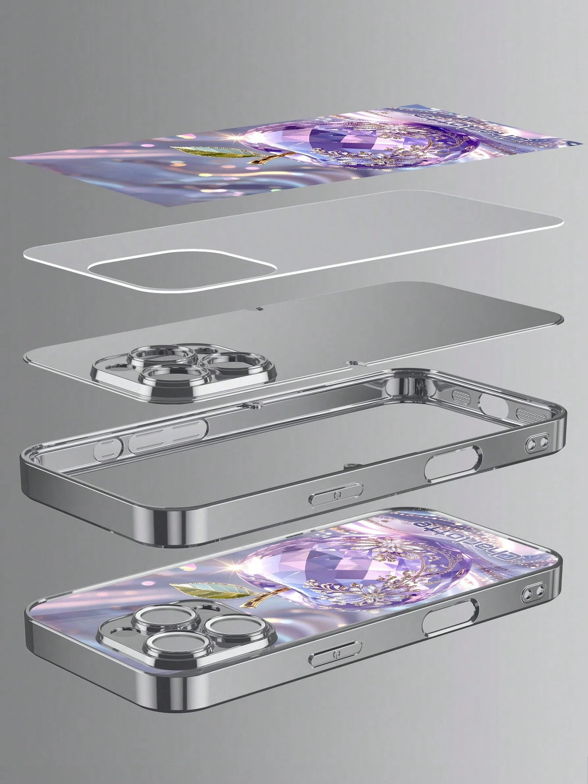 1pc Customizable Name, Luxury Amethyst Apple Rhinestone Floral Pattern Electroplated Glass Phone Case, Compatible With IPhone 17 Pro Max/16 Pro Max/15/14 Plus/13 Pro/12 Pro Max/11/Xs Max/8/7/6 Plus, S