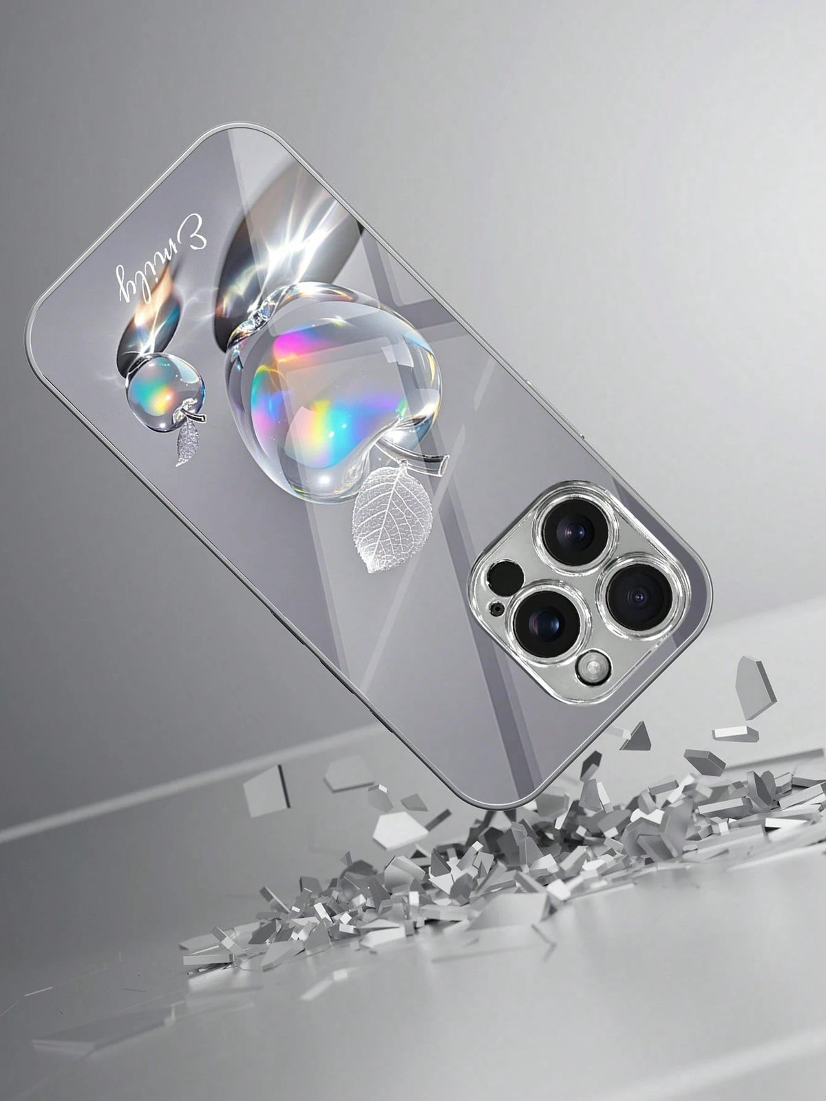 1pc Customizable Name, Luxury Amethyst Apple Rhinestone Floral Pattern Electroplated Glass Phone Case, Compatible With IPhone 17 Pro Max/16 Pro Max/15/14 Plus/13 Pro/12 Pro Max/11/Xs Max/8/7/6 Plus, S