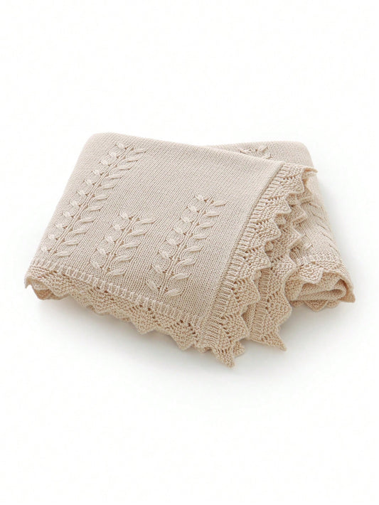 1pc Infant Knitted Solid Color Blanket, Baby Leaf Pattern Soft Quilt, Newborn Infant Blanket With Lace Trim, Suitable For All Seasons