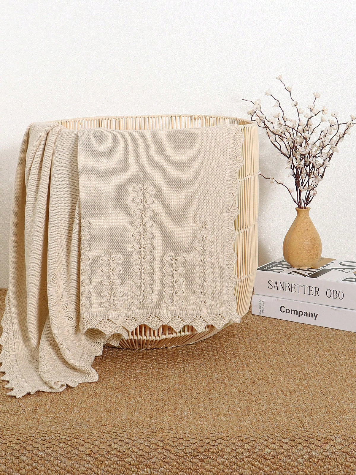 1pc Infant Knitted Solid Color Blanket, Baby Leaf Pattern Soft Quilt, Newborn Infant Blanket With Lace Trim, Suitable For All Seasons