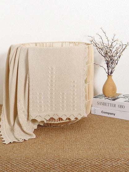 1pc Infant Knitted Solid Color Blanket, Baby Leaf Pattern Soft Quilt, Newborn Infant Blanket With Lace Trim, Suitable For All Seasons