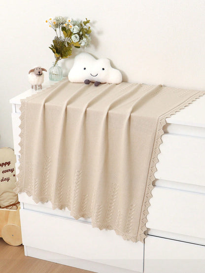 1pc Infant Knitted Solid Color Blanket, Baby Leaf Pattern Soft Quilt, Newborn Infant Blanket With Lace Trim, Suitable For All Seasons