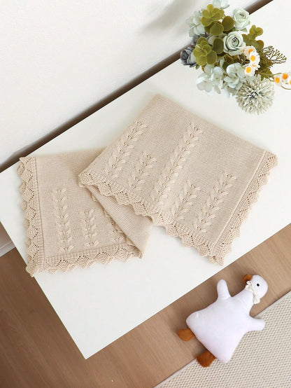 1pc Infant Knitted Solid Color Blanket, Baby Leaf Pattern Soft Quilt, Newborn Infant Blanket With Lace Trim, Suitable For All Seasons