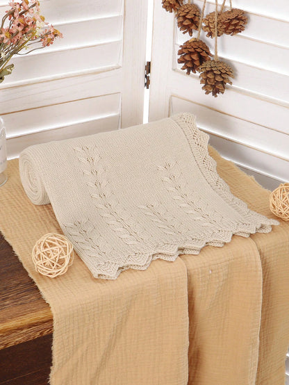 1pc Infant Knitted Solid Color Blanket, Baby Leaf Pattern Soft Quilt, Newborn Infant Blanket With Lace Trim, Suitable For All Seasons