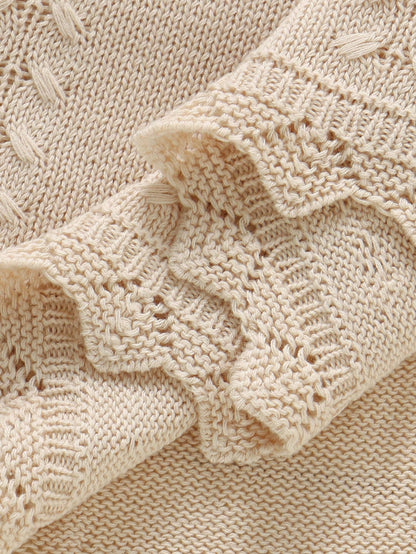 1pc Infant Knitted Solid Color Blanket, Baby Leaf Pattern Soft Quilt, Newborn Infant Blanket With Lace Trim, Suitable For All Seasons