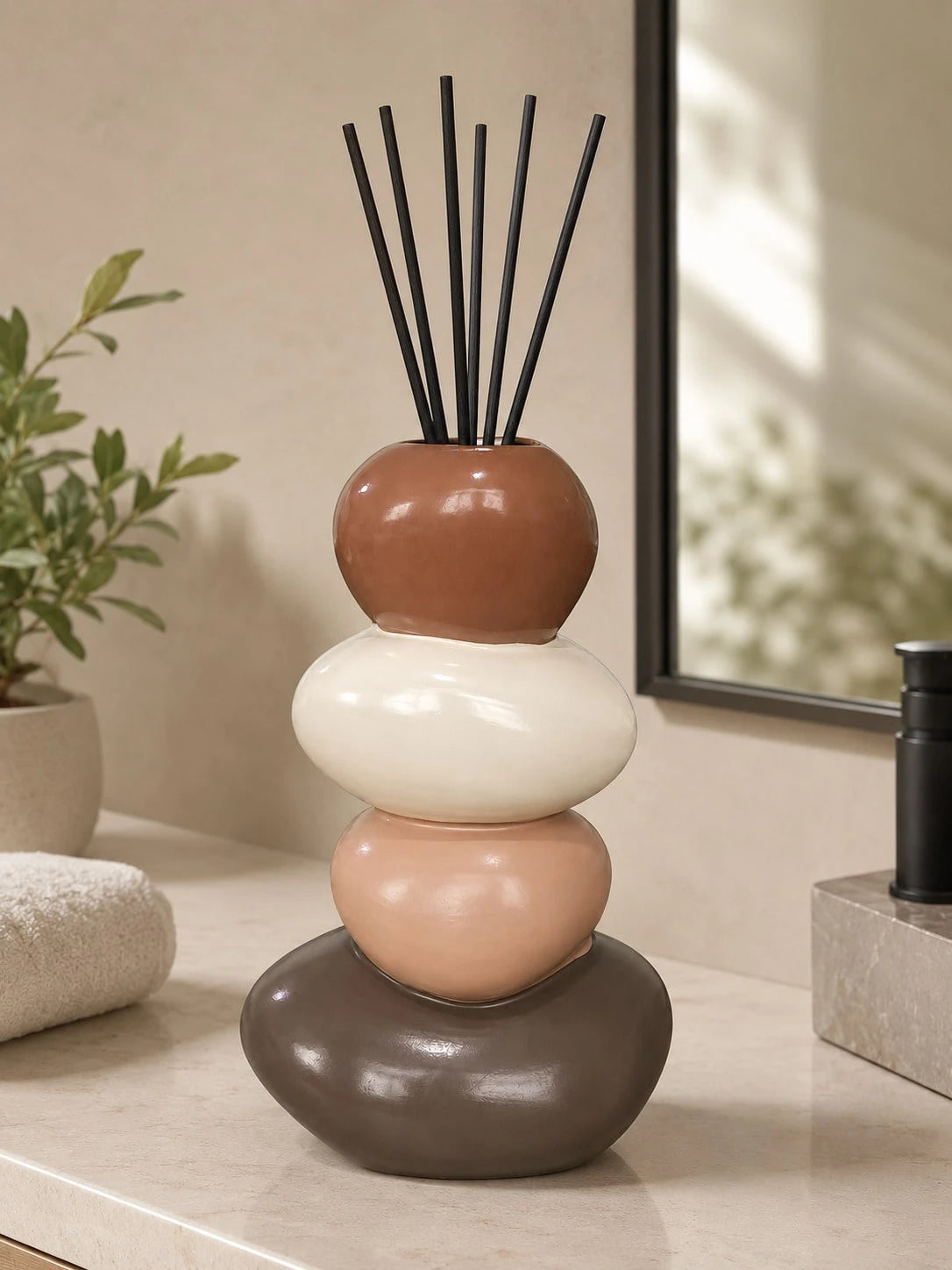 1pc Modern Stacked Pebble Diffuser Bottle, Color Block Or Speckled Cream Aroma Vase, Decorative Home Accent For Bathroom, Bedroom And Living Room