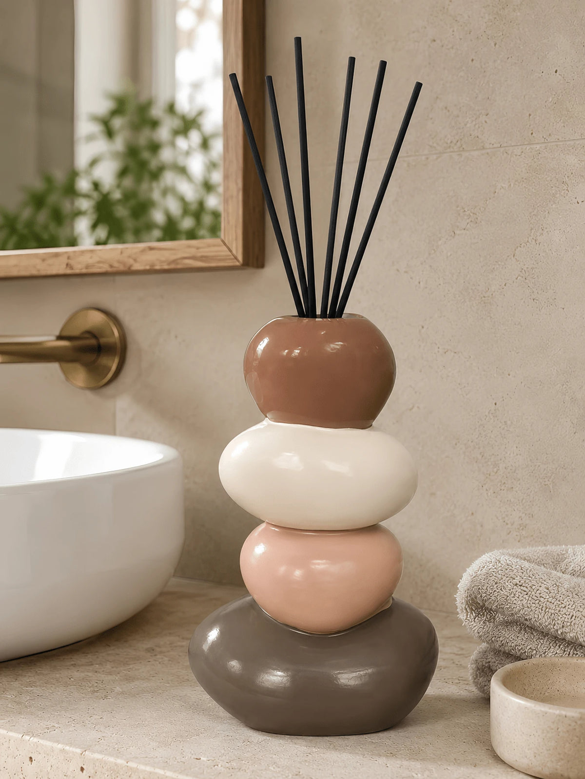 1pc Modern Stacked Pebble Diffuser Bottle, Color Block Or Speckled Cream Aroma Vase, Decorative Home Accent For Bathroom, Bedroom And Living Room
