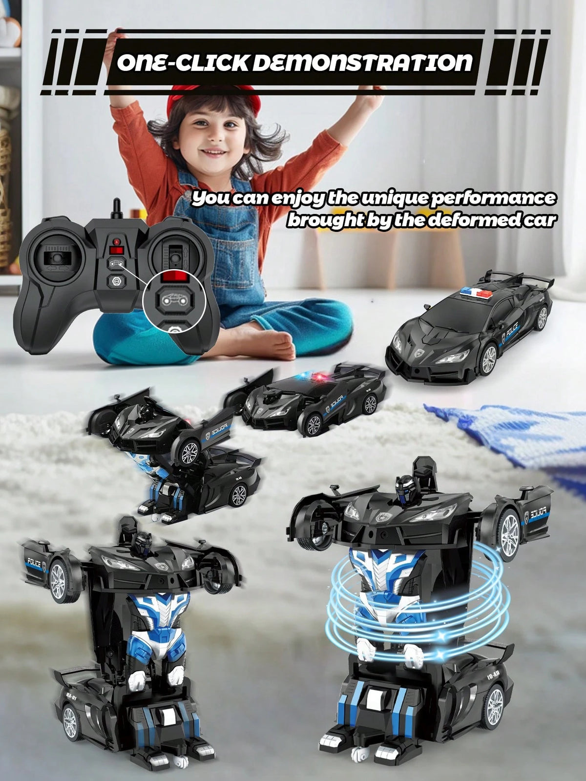 1pc Remote Control Car, One-Touch Transforming RC Car, Can Transform Into Robot, 2.4GHz 360° Rotating Police Car With Lights, Auto Demo, Fast 360° Rotation, One-Touch Transformation, 1:18 Scale Transf