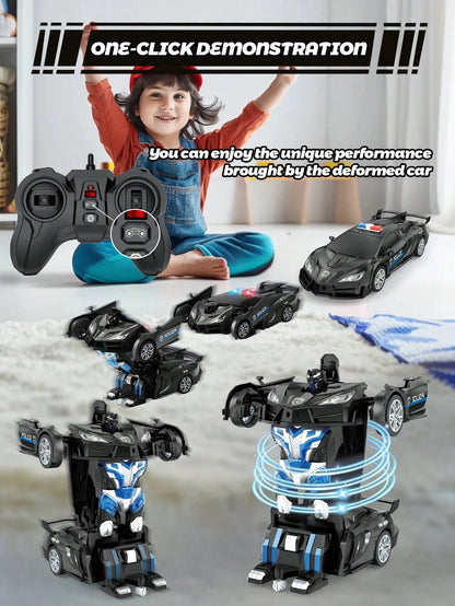 1pc Remote Control Car, One-Touch Transforming RC Car, Can Transform Into Robot, 2.4GHz 360° Rotating Police Car With Lights, Auto Demo, Fast 360° Rotation, One-Touch Transformation, 1:18 Scale Transf