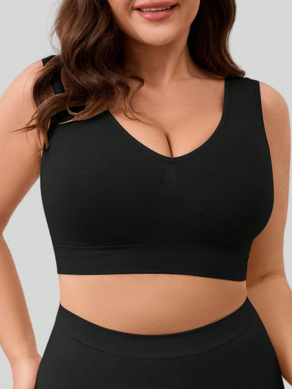 1pc Seamless Wireless Lift & Support Adjustable Yoga Sleep Bra, Comfortable Plus Size Sports Bra For Women Black Spring
