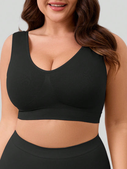 1pc Seamless Wireless Lift & Support Adjustable Yoga Sleep Bra, Comfortable Plus Size Sports Bra For Women Black Spring