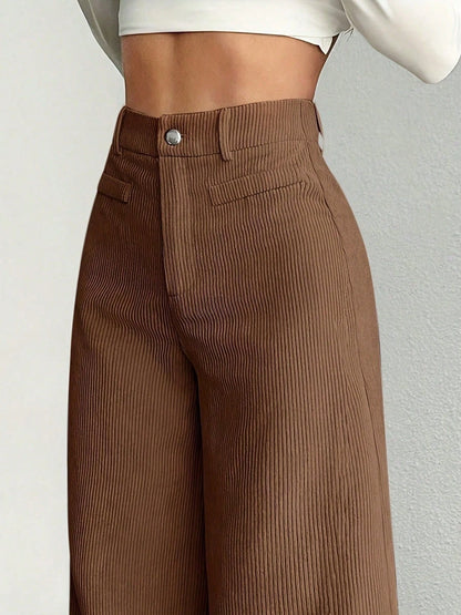 1pc Solid Color Polyester Button Pocket Zipper Pants, Suitable For Daily Wear In Spring, Autumn And Winter Brown, Smart Casual