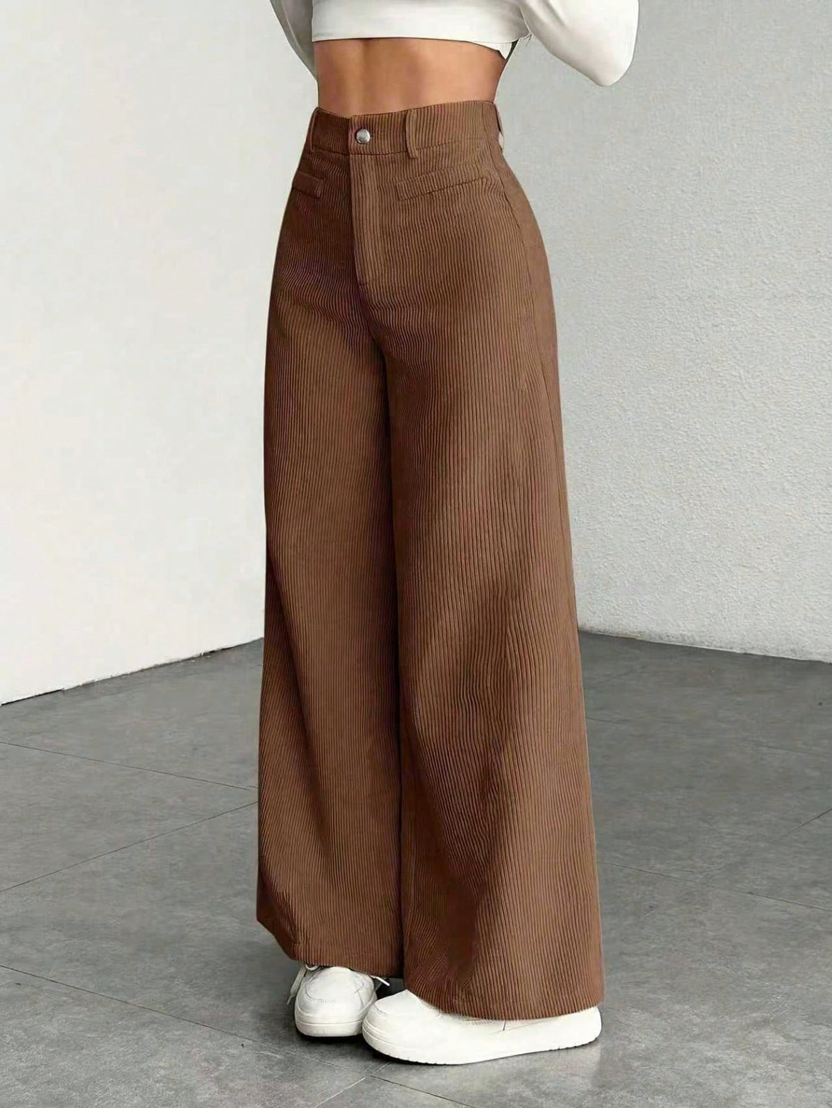 1pc Solid Color Polyester Button Pocket Zipper Pants, Suitable For Daily Wear In Spring, Autumn And Winter Brown, Smart Casual