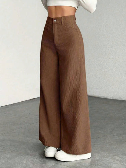 1pc Solid Color Polyester Button Pocket Zipper Pants, Suitable For Daily Wear In Spring, Autumn And Winter Brown, Smart Casual