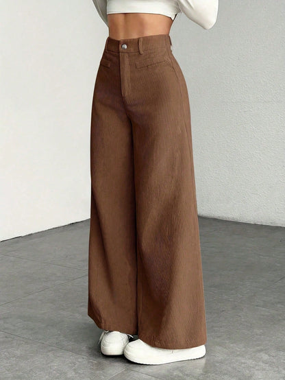 1pc Solid Color Polyester Button Pocket Zipper Pants, Suitable For Daily Wear In Spring, Autumn And Winter Brown, Smart Casual