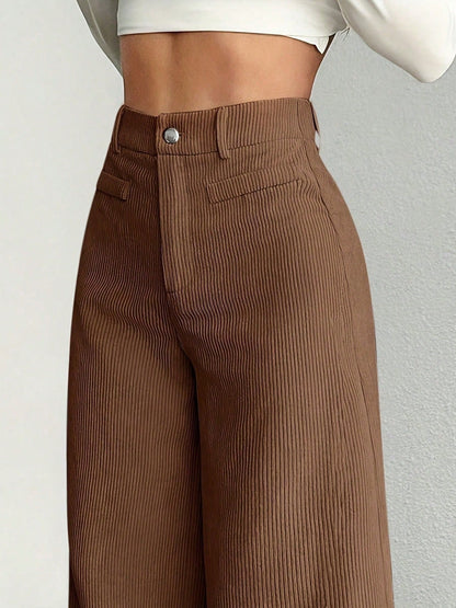 1pc Solid Color Polyester Button Pocket Zipper Pants, Suitable For Daily Wear In Spring, Autumn And Winter Brown, Smart Casual