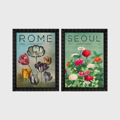Set of 2 framed prints, painterly flower market prints: a "Rome Flower Market" painterly tulip illustration; and a "Seoul Flower Market" painterly zinnia illustration — unframed