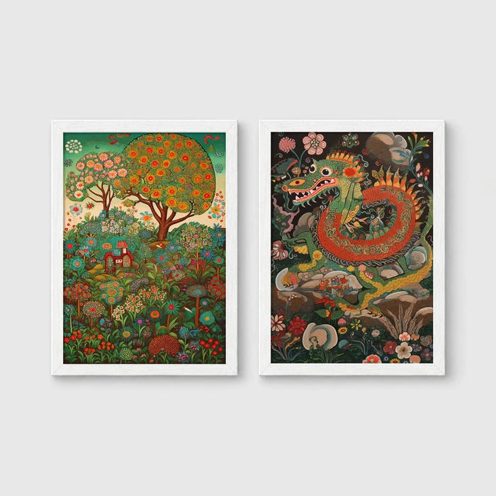 Set of 2 framed prints, folk art illustrations: a folk art painting of a blossoming tree and garden landscape; and a folk art illustration of a dragon among flowers — unframed