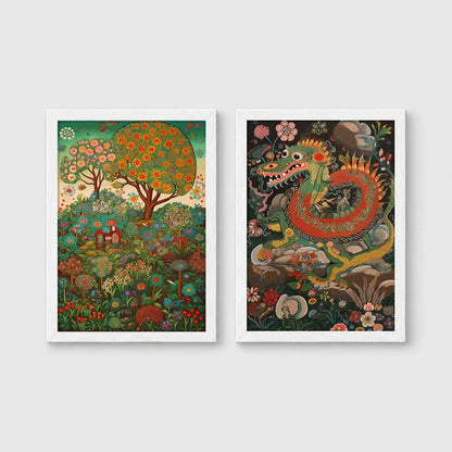 Set of 2 framed prints, folk art illustrations: a folk art painting of a blossoming tree and garden landscape; and a folk art illustration of a dragon among flowers — unframed