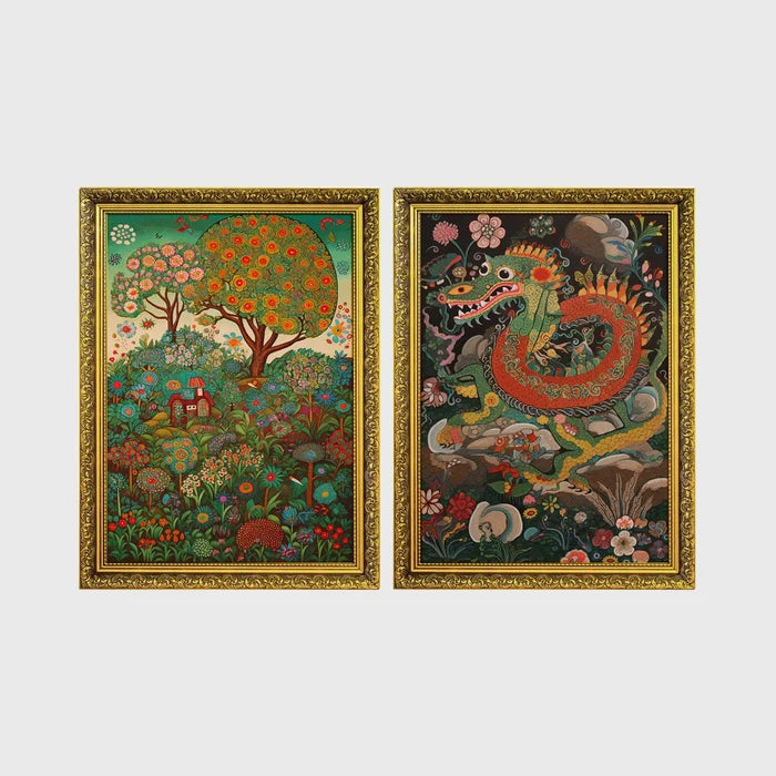 Set of 2 framed prints, folk art illustrations: a folk art painting of a blossoming tree and garden landscape; and a folk art illustration of a dragon among flowers — unframed