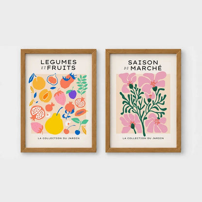 Set of 2 framed prints, illustrated fruit and flower patterns: "Legumes et Fruits" illustrated fruit and vegetable pattern; and "Saison du Marché" pink flower illustration — unframed