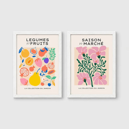 Set of 2 framed prints, illustrated fruit and flower patterns: "Legumes et Fruits" illustrated fruit and vegetable pattern; and "Saison du Marché" pink flower illustration — unframed