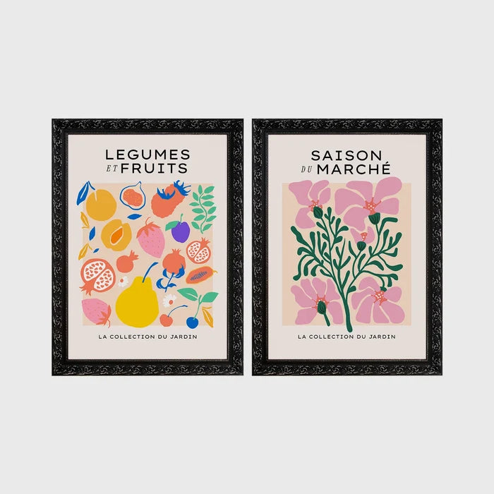 Set of 2 framed prints, illustrated fruit and flower patterns: "Legumes et Fruits" illustrated fruit and vegetable pattern; and "Saison du Marché" pink flower illustration — unframed