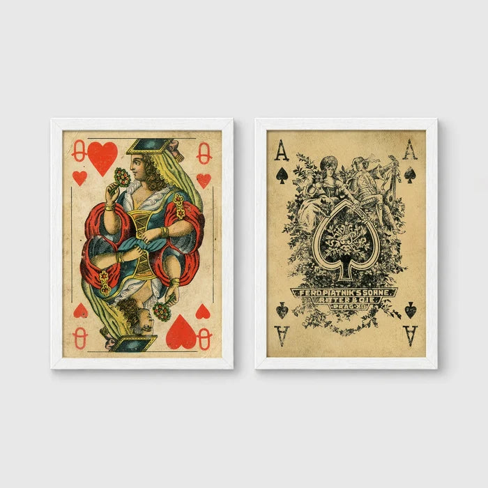 Set of 2 framed prints, vintage oversized playing cards: a Queen of Hearts; and an ornate Ace of Spades — unframed