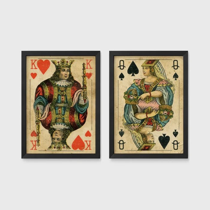 Set of 2 framed prints, vintage oversized playing cards: a King of Hearts; and a Queen of Spades — unframed