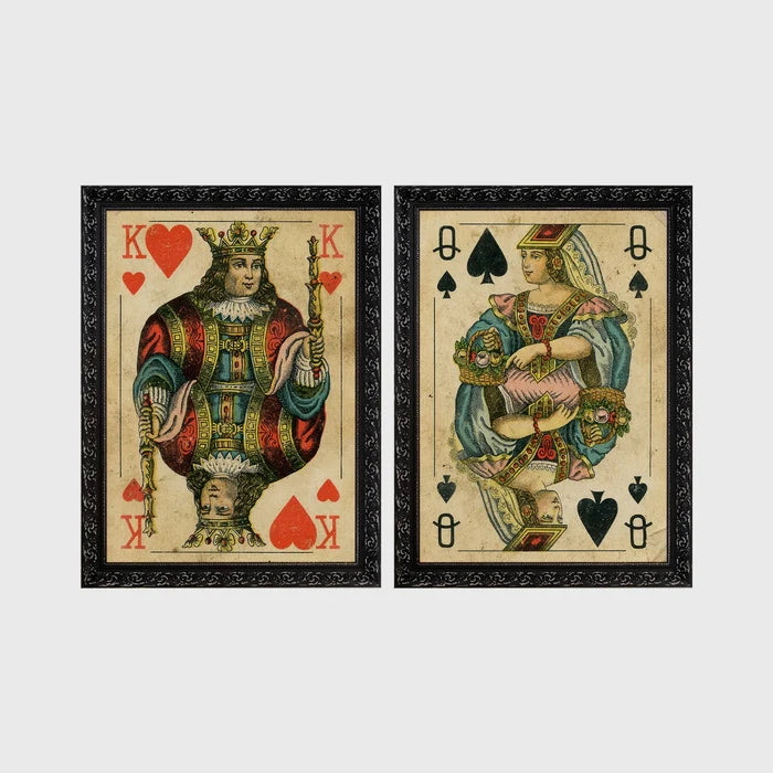 Set of 2 framed prints, vintage oversized playing cards: a King of Hearts; and a Queen of Spades — unframed