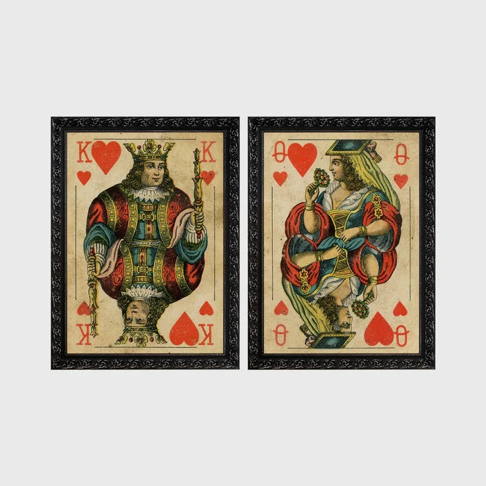 Set of 2 framed prints, vintage oversized playing cards: a King of Hearts; and a Queen of Hearts — unframed
