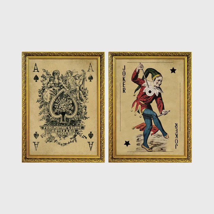 Set of 2 framed prints, vintage oversized playing cards: an ornate Ace of Spades; and a Joker — unframed