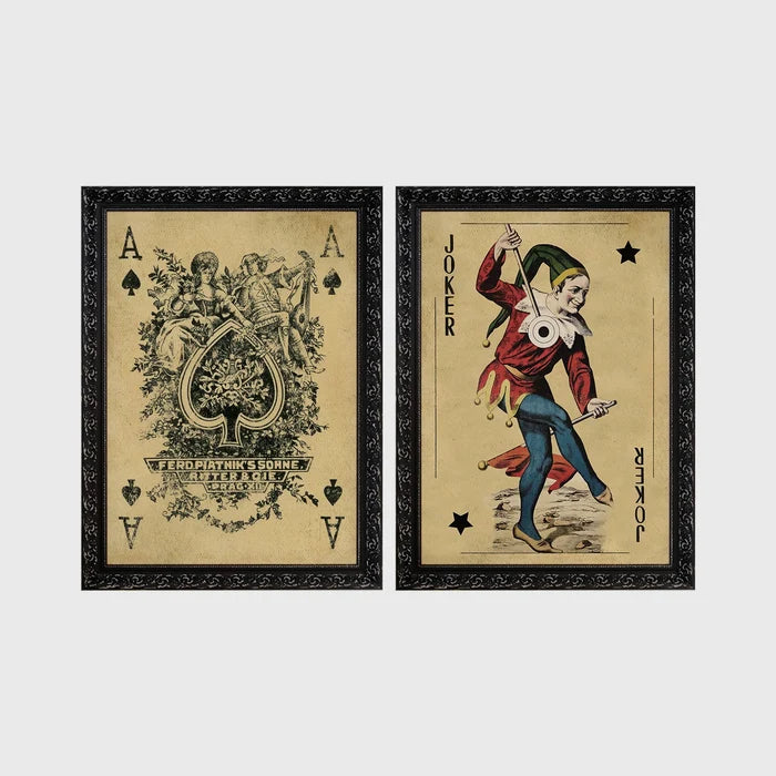 Set of 2 framed prints, vintage oversized playing cards: an ornate Ace of Spades; and a Joker — unframed
