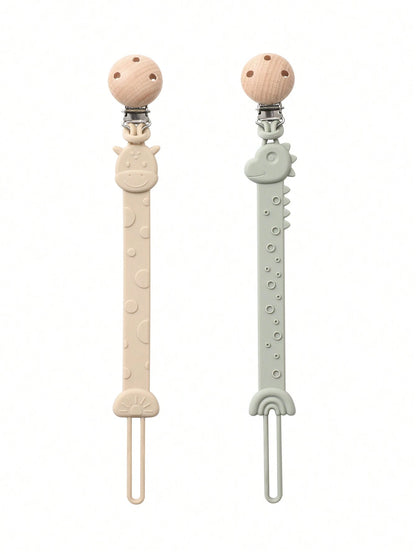 2pcs Baby Silicone Pacifier Clips, Dinosaur & Giraffe Pattern, Anti-Lost Pacifier Clips, Teething, Baby Supplies, Newborn Gift