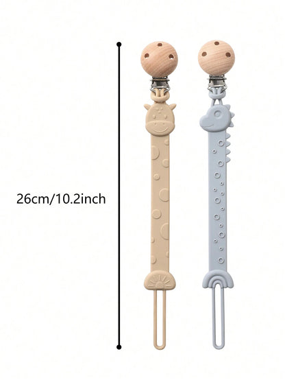 2pcs Baby Silicone Pacifier Clips, Dinosaur & Giraffe Pattern, Anti-Lost Pacifier Clips, Teething, Baby Supplies, Newborn Gift