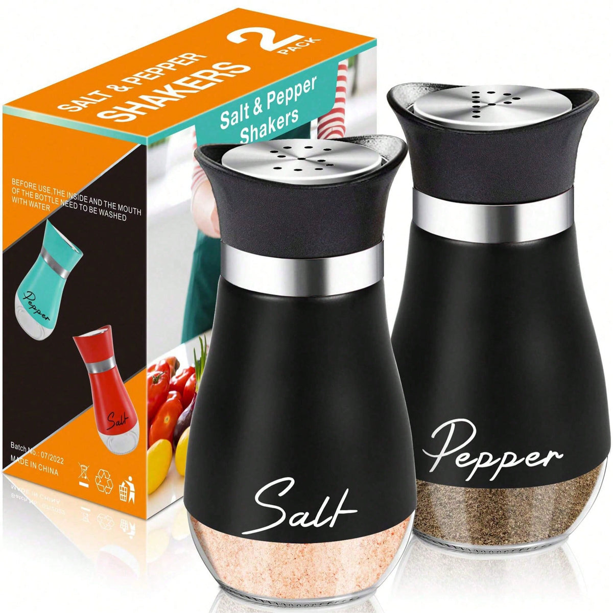 2pcs/Set Salt And Pepper Shaker Set, Condiment Jars, Storage Containers, Salt Cellar, For Home Kitchen, Restaurant, Outdoor Picnic, 4 Oz Bottom Glass Salt And Pepper Bottles With Stainless Steel Lids