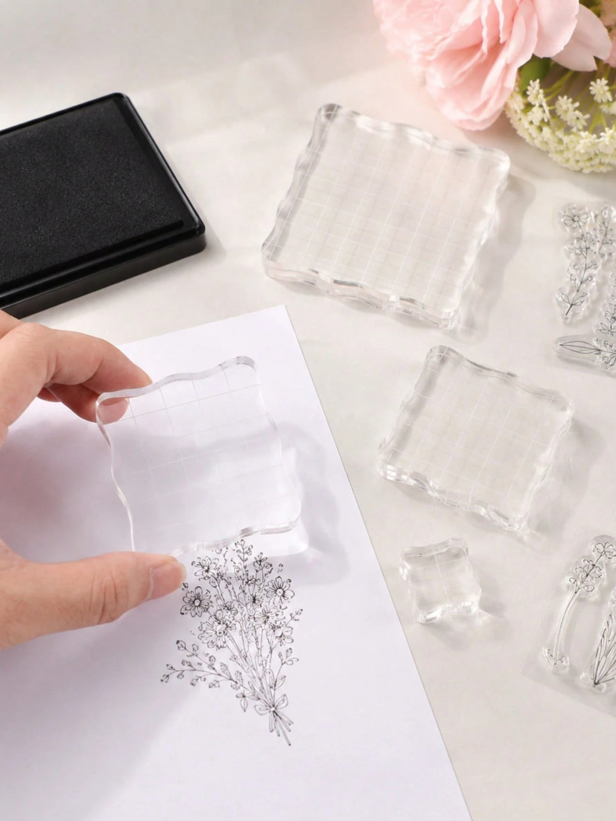 3/5pcs Acrylic Stamp Base, Multiple Sizes Transparent Stamp Blocks With Grid Lines, Suitable For Handmade Crafts, Essential Decorative DIY Stamp Tool (Lace Edge)