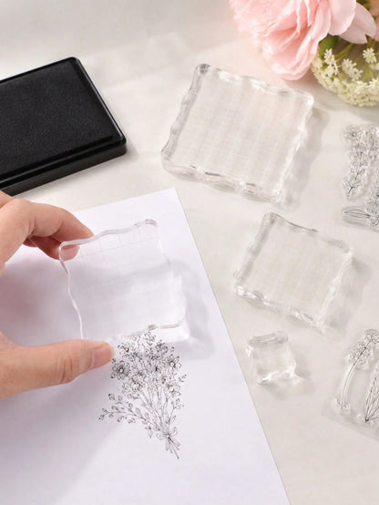 3/5pcs Acrylic Stamp Base, Multiple Sizes Transparent Stamp Blocks With Grid Lines, Suitable For Handmade Crafts, Essential Decorative DIY Stamp Tool (Lace Edge)